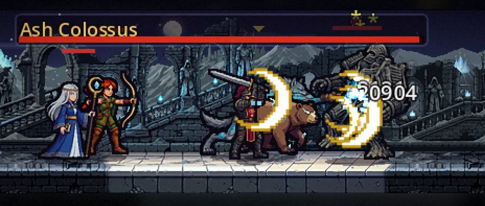 Party of heroes fighting Ash Colossus