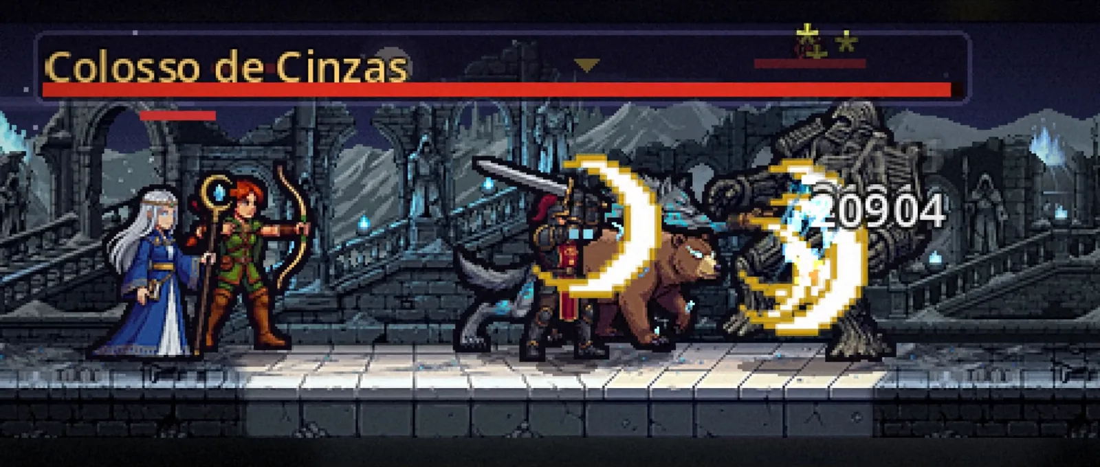 Grupo de heróis enfrentando Colosso de Cinzas