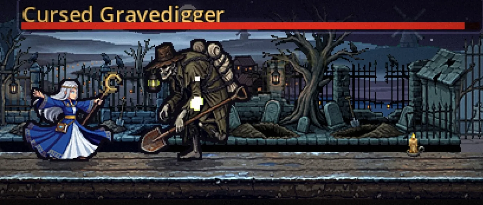 Party of heroes fighting Cursed Gravedigger