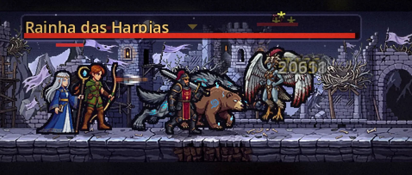 Grupo de heróis enfrentando Rainha das Harpias