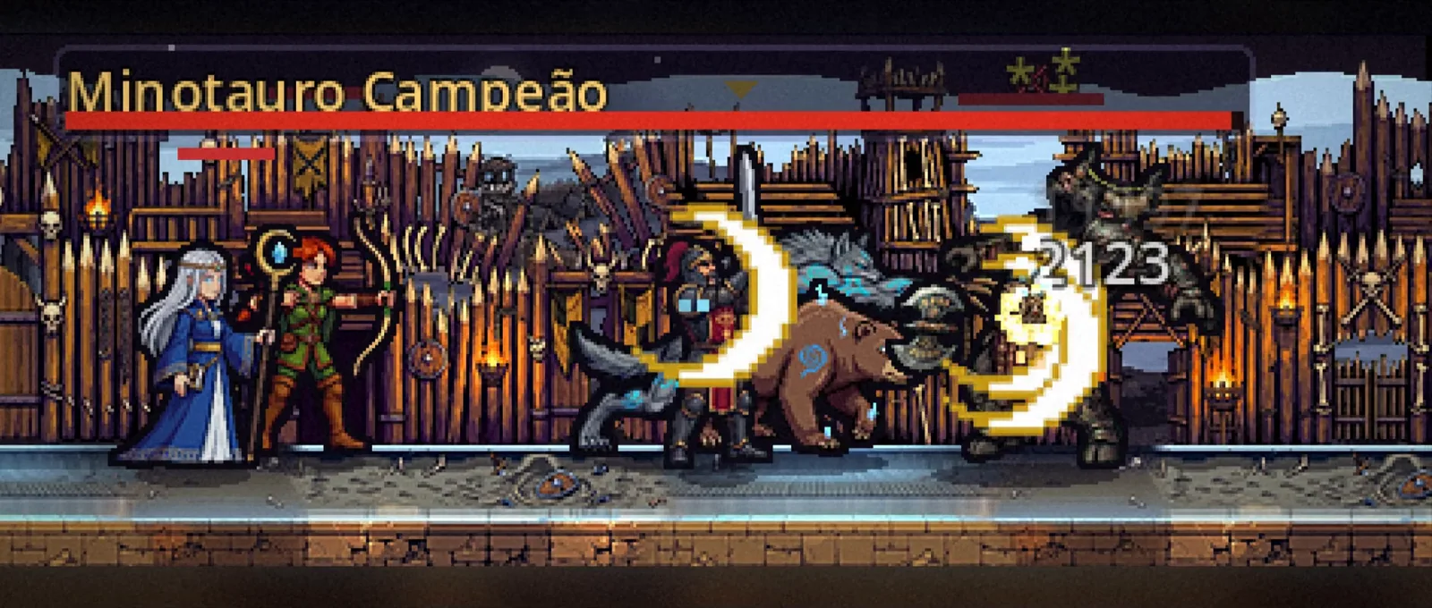 Grupo de heróis enfrentando Minotauro Campeão