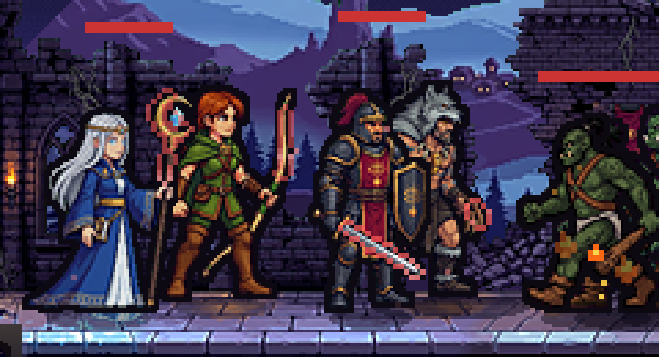 Grupo de heróis com equipamento refinado brilhando (+10 com granada)