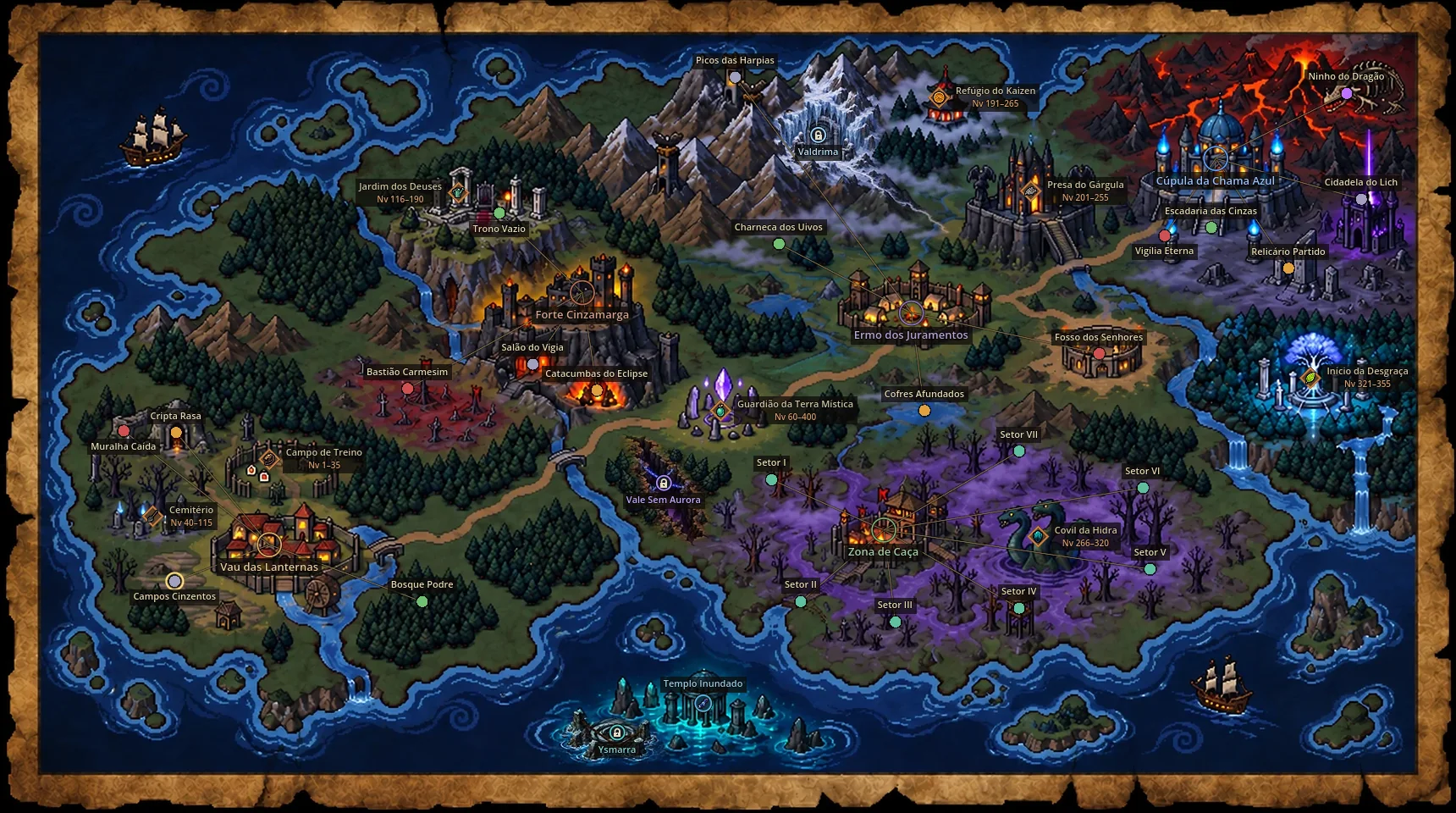 Mapa-múndi de War of Dusk com cidades, regiões, rios e terras místicas